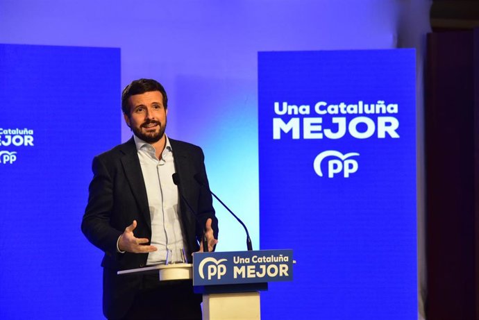 El líder del PP, Pablo Casado interviene durante el inicio de la campaña electoral para los comicios del 14 de febrero, en el Hotel Grand Marina, en Barcelona, Catalunya (España), a 28 de enero de 2021. La campaña del PPC, que se centra en Alejandro Fer