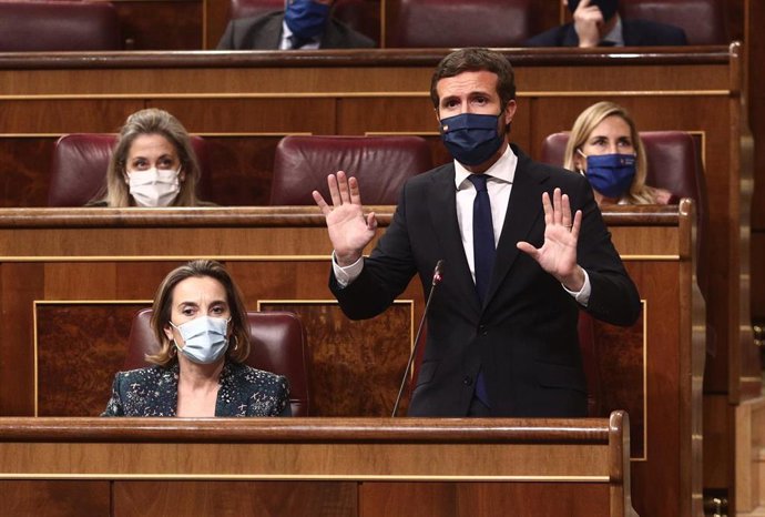 El escaño del presidente del PP, Pablo Casado, durante una sesión de control al Gobierno, en Madrid (España), a 16 de diciembre de 2020. 