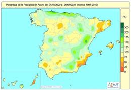 Las lluvias acumuladas en el conjunto de España desde octubre hasta el 26 de enero están un 3% por debajo del valor medio normal.