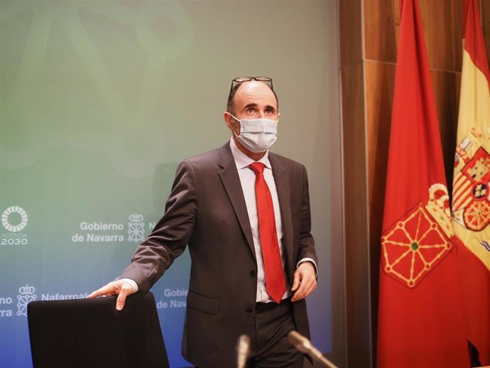 Manu Ayerdi, en la rueda de prensa en la que ha anunciado su dimisión como consejero de Desarrollo Económico y Empresarial del Gobierno de Navarra este viernes, 29 de enero de 2021.
