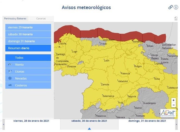 Mapa elaborado por la Aemet sobre la previsión de rachas de viento en CyL