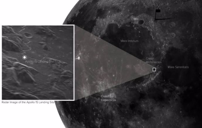 Nueva imagen de radar del lugar de aterrizaje del Apolo 15, ubicado con respecto a las características lunares prominentes.