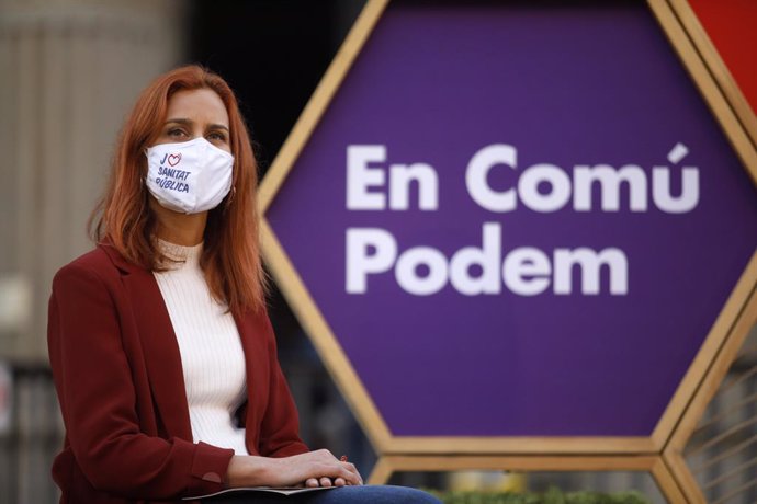La candidata dels comuns a la presidncia de la Generalitat, Jéssica Albiach, durant l'acte d'inici de campanya per als comicis del 14-F, a la Facultat de Medicina de l'Hospital Clínic. Catalunya (Espanya), 28 de setembre del 2021.