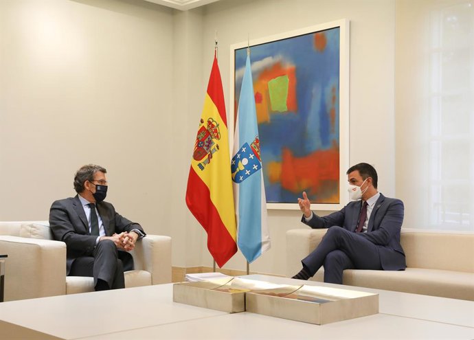 El presidente del Gobierno, Pedro Sánchez (d), conversa con el presidente de la Xunta de Galicia, Alberto Núñez Feijóo, en una reunión convocada en el Palacio de la Moncloa, Madrid, (España), a 29 de enero de 2021. 