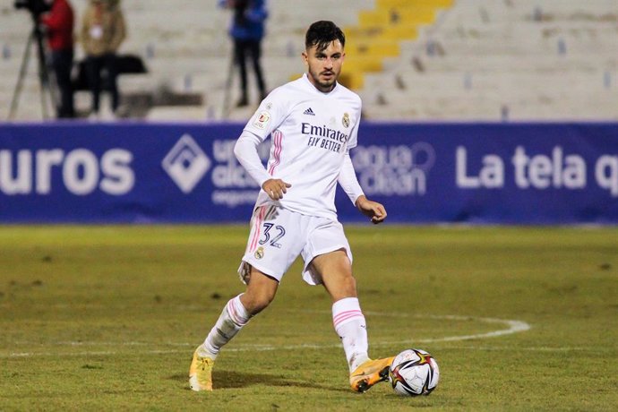 Victor Chust Garcia of Real Madrid CF in action during the spanish cup, Copa del Rey football match played between CD Alcoyano and Real Madrid at El Collao stadium on January 20, 2021 in Alcoy, Alicante, Spain.