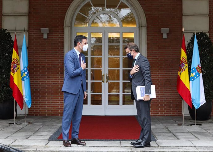 El presidente del Gobierno, Pedro Sánchez (i), recibe al presidente de la Xunta de Galicia, Alberto Núñez Feijóo, en una reunión convocada en el Palacio de la Moncloa, Madrid, (España), a 29 de enero de 2021. 