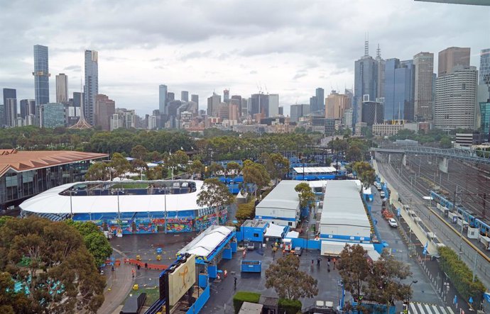 A general view of Melbourne Park ahead of next months Australian Open tennis tournament, in Melbourne, Friday, January 29, 2021.  (AAP Image/Scott Barbour) NO ARCHIVING