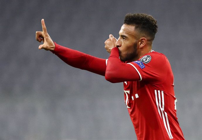 21 October 2020, Bavaria, Munich: Bayern Munich's Corentin Tolisso celebrates scoring his side's third goal during the UEFA Champions League Group A soccer match between FC Bayern Munich and Atletico Madrid at Allianz Arena. Photo: Matthias Schrader/Poo