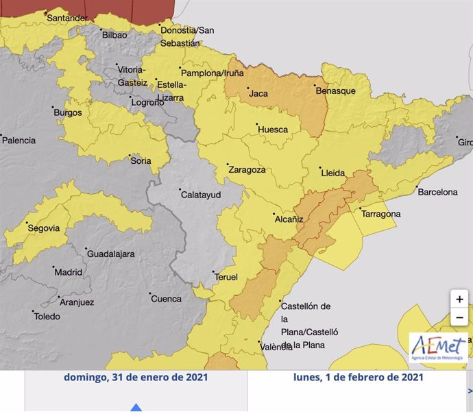 La AEMET amplía el aviso naranja por nevadas en el Pirineo y el amarillo por viento en gran parte de la comunidad.