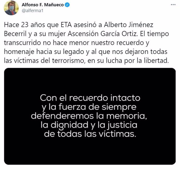 Tuit del presidente de la Junta, Alfonso Fernández Mañueco, en recuerdo del concejal 'popular' Alberto Jiménez-Becerril y su esposa, Ascensión García Ortiz, con motivo del 23 aniversario de su asesinato a manos de la banda terrorista ETA.