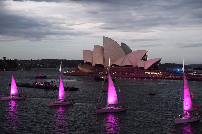 Sailboats perform a yacht ballet during Australia Day celebrations at Circular Quay, in Sydney, Tuesday, January 26, 2021. (AAP Image/Dan Himbrechts) NO ARCHIVING