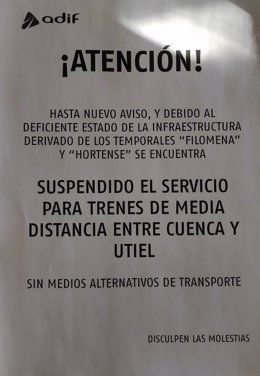 Cartel de Adif que informa del corte de servicio de tren entre Cuenca y Valencia.