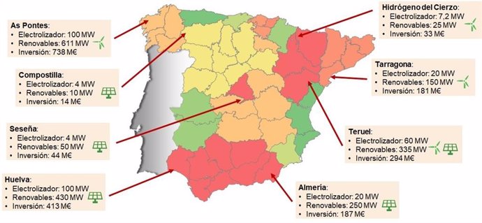 Mapa de los proyectos de hidrógeno verde en España de Endesa.