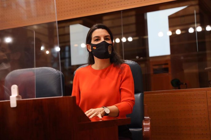 La portavoz de Vox en la Asamblea de Madrid, Rocío Monasterio, durante una sesión plenaria en la Asamblea de Madrid (España), a 28 de enero de 2021. El pleno de hoy está centrado en la borrasca 'Filomena' y el Funcionamiento del Platercam ante la situac