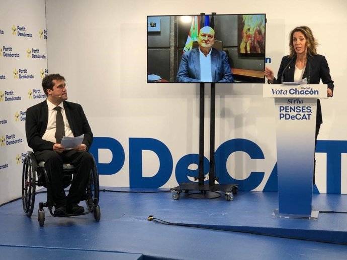 El presidente del PDeCAT, David Bonvehí; el presidente de EBB del PNV, Andoni Ortuzar, y la candidata del PDeCAT a las elecciones catalanas, ngels Chacón, participan en el acto telemtico 'Fent país amb sentit d'Estat dia a dia'.