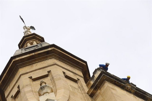 Varios operarios, revisan la fachada de la Catedral de Granada, para comprobar los desperfectos causados por los continuos terremotos que a lo largo de esta semana se han producido en la provincia de Granada a 30 de enero del 2021