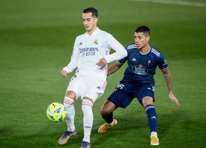 Lucas Vazquez of Real Madrid and Lucas Olaza of Celta in action during the spanish league, La Liga Santander, football match played between Real Madrid and Celta de Vigo at Ciudad Deportiva Real Madrid on january 02, 2021, in Valdebebas, Madrid, Spain