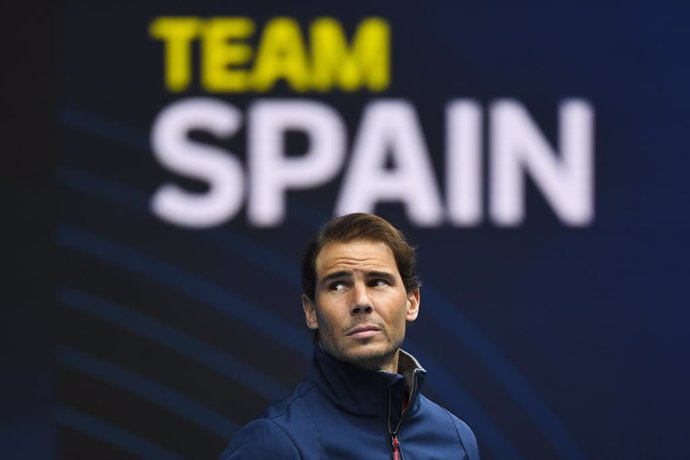 Rafael Nadal of Spain reacts after pulling out of the Round 1 ATP Cup match between Australia and Spain at Melbourne Park in Melbourne, Tuesday, February 2, 2021. (AAP Image/Dave Hunt) NO ARCHIVING, EDITORIAL USE ONLY