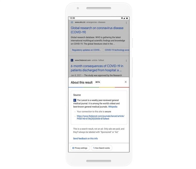 Información contextual sobre webs en el buscador