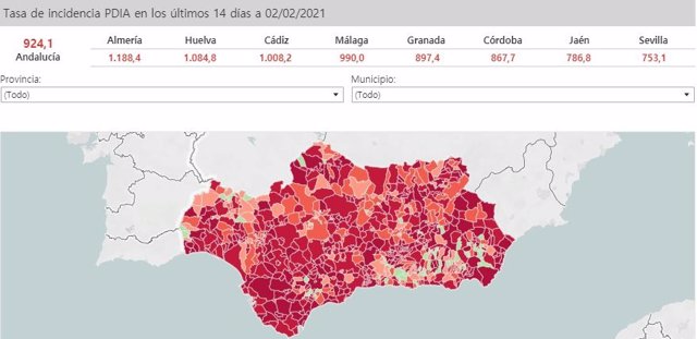 Mapa de incidencia del Covid en Andalucía por municipios a 2 de febrero de 2021