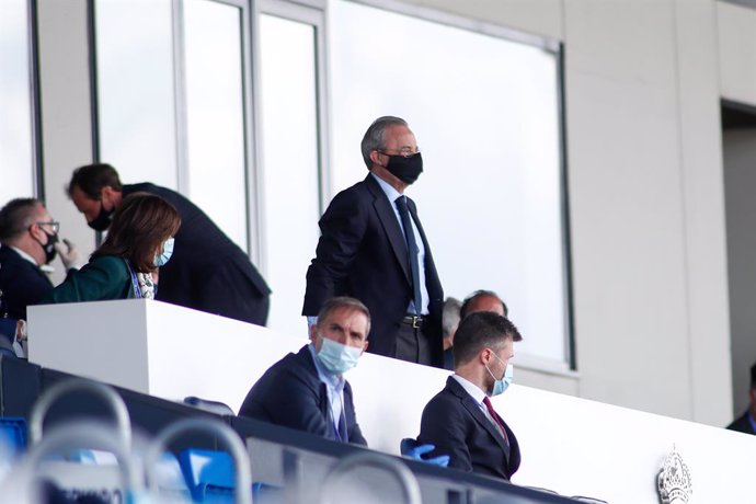 Florentino Perez, President of Real Madrid, looks on during the spanish league, LaLiga, football match played between Real Madrid and SD Eibar at Alfredo Di Stefano Stadium at Ciudad Deportiva Real Madrid in the restart of the Primera Division tournamen