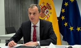 El ministro de Ciencia e Innovación, Pedro Duque, en el acto de presentación del Programa Horizonte Europa, organizado por la presidencia portuguesa de la UE