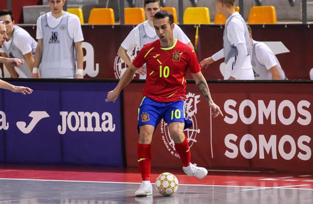 Adrian Martinez Vara "Adri" of Spain in action during Eurocup qualification futsal match played between Spain and Latvia at Ciudad del Futbol on December 08, 2020 in Las Rozas, Madrid, Spain.