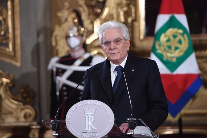 02 February 2021, Italy, Rome: Italian President Sergio Mattarella speaks to media after his meeting with President of the Italian Chamber of Deputies Roberto Fico who was mediating the Italian party meetings to form a new government, at the Quirinale p