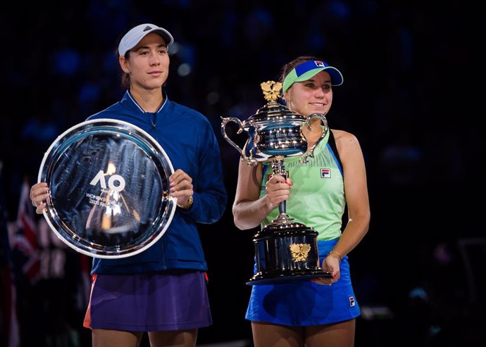 Garbine Muguruza of Spain & Sofia Kenin of the United States  during the trophy ceremony after the final of the 2020 Australian Open Grand Slam tennis tournament