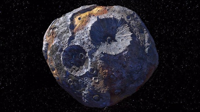 Esta ilustración muestra el objetivo de la misión Psyche: el asteroide Psyche, localizado en el cinturón principal de asteroides entre Marte y Júpiter.