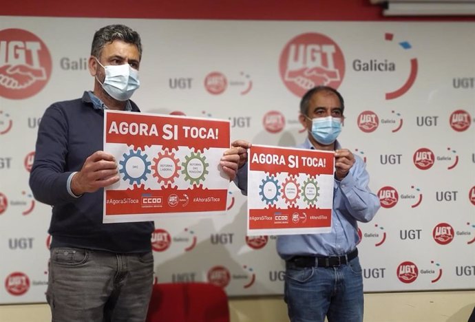 Ramón Sarmiento (CC.OO.) y José Antonio Gómez (UGT) en la presentación de una movilización para reclamar al Gobierno medidas en materia laboral