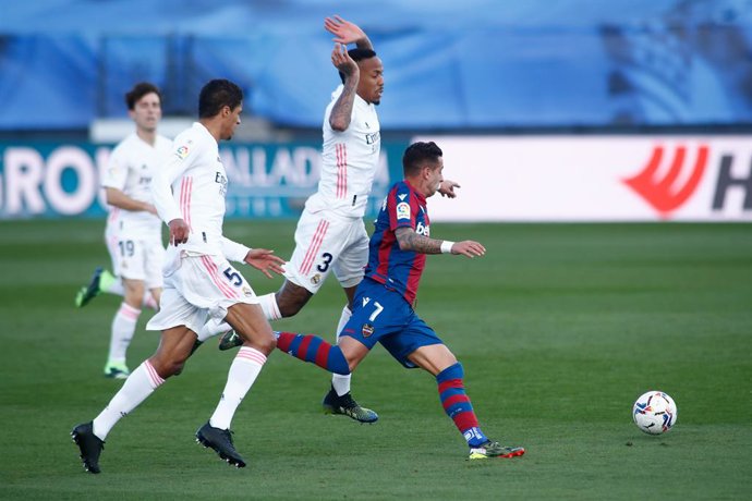Sergio Leon of Levante and Edes Militao of Real Madrid in action during the spanish league, La Liga Santander, football match played between Real Madrid and Levante UD at Ciudad Deportiva Real Madrid on january 30, 2021, in Valdebebas, Madrid, Spain.