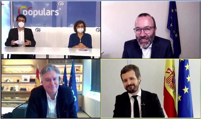 Videoconferencia entre los dirigentes del PP y el EPP Juan Milián, Dolors Montserrat, Manfred Weber, Antonio López-Istúriz y Pablo Casado (de izquierda a derecha y de arriba abajo)