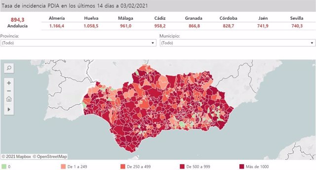 Mapa de incidencia del Covid-19 en Andalucía por municipios a 3 de febrero de 2021