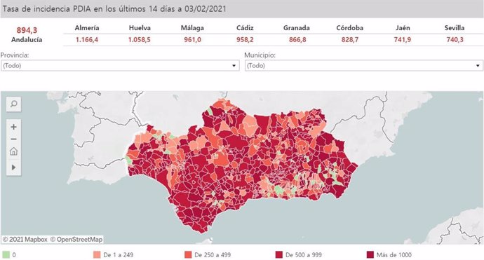 Mapa de incidencia del Covid-19 en Andalucía por municipios a 3 de febrero de 2021