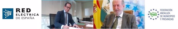 Imagen del encuentro virtual entre el delegado regional Sur de Red Eléctrica, Jorge Juan Jiménez Luna, y el presidente de la FAMP, Fernando Rodríguez Villalobos, para la firma de un convenio.