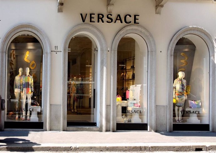 April 19, 2019 - Milan, Italy: Versace store front. Mid season and summer fashion trend on the shop windows of the Milan fashion district. The Golden quadrilateral, including via Montenapoleone and Via Spiga, is ranked as the sixth most expensive shoppi