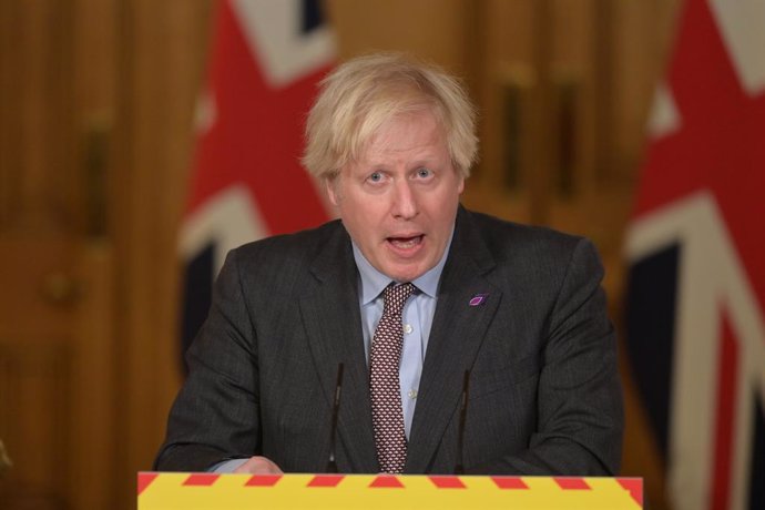 HANDOUT - 27 January 2021, United Kingdom, London: UK Prime Minister Boris Johnson speaks during a media briefing in Downing Street on coronavirus (Covid-19) latest updates. Photo: Geoff Pugh/Daily Telegraph via PA Wire/dpa - ATTENTION: editorial use on