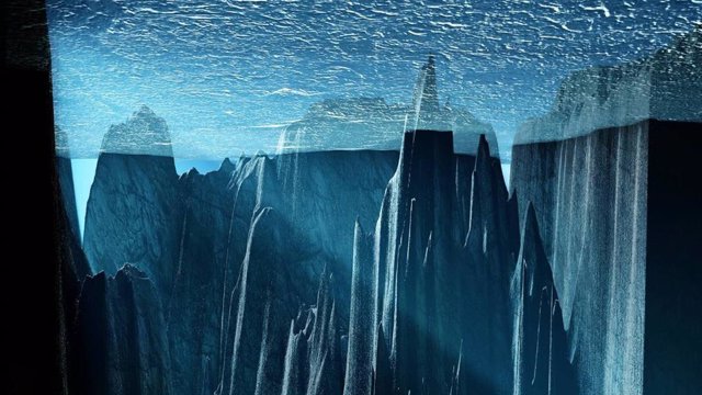 Impresión artística de la perspectiva desde el interior del océano glacial, con una vista desde abajo hacia Islandia y las Islas Feroe