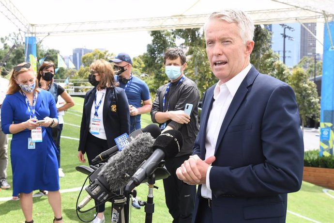 Tennis Australian CEO Craig Tiley speaks to the media at Melbourne Park in Melbourne, Thursday, February 4, 2021. Australian Open preparations are on hold and all lead in events, The ATP Cup and Melbourne Summer Series have been postponed after a hotel 