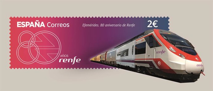 Sello de Correos que conmemora el 80 aniversario de Renfe
