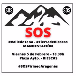 La plataforma '#SOSPirineoAragones' se vuelve a concentrar en los cuatro valles oscenses este viernes. Cartel de la movilización de Biescas