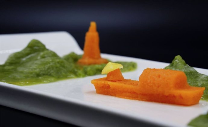 Un 'paisaje alimentario' ensamblado con diseños impresos en 3D hechos de guisantes, zanahorias y maíz.
