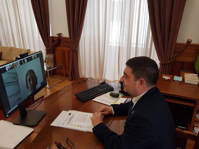 El presidente de la Diputación de Jaén, Francisco Reyes, durante la reunión telemática