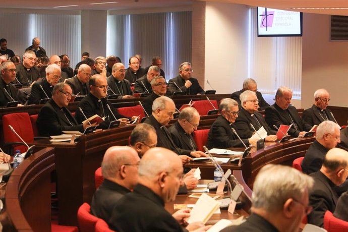 Obispos reunidos en una asamblea plenaria antes de la pandemia.