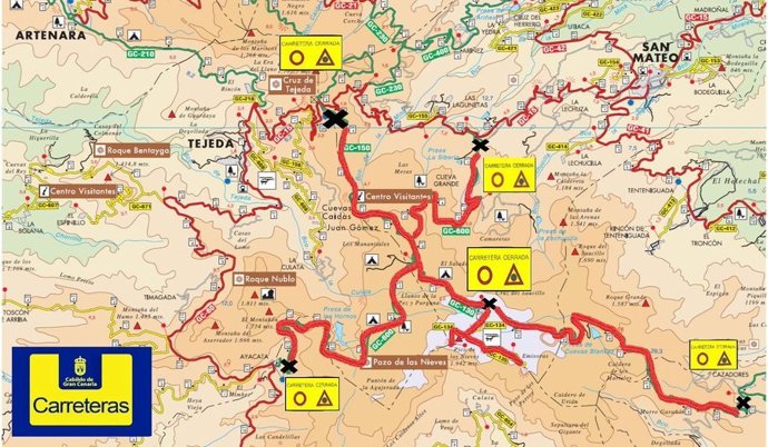 Mapa de las carreteras cerradas en la isla de Gran Canaria