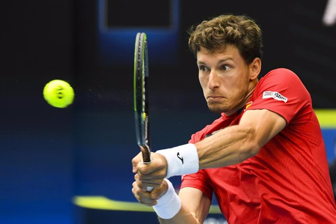 Pablo Carreno Busta of Spain in action during Round 1 of the ATP Cup against John Millman of Australia at Melbourne Park in Melbourne, Tuesday, February 2, 2021. (AAP Image/Dave Hunt) NO ARCHIVING, EDITORIAL USE ONLY