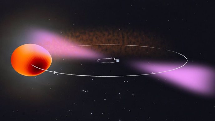 Impresión artística del PSR J2039-5617 y su compañero. El sistema binario consta de una estrella de neutrones que gira rápidamente