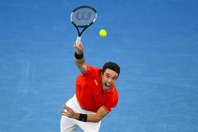 Roberto Bautista Agut of Spain in action during Round 1 of the ATP Cup against Alex de Minaur of Australia at Melbourne Park in Melbourne, Tuesday, February 2, 2021. (AAP Image/Dave Hunt) NO ARCHIVING, EDITORIAL USE ONLY