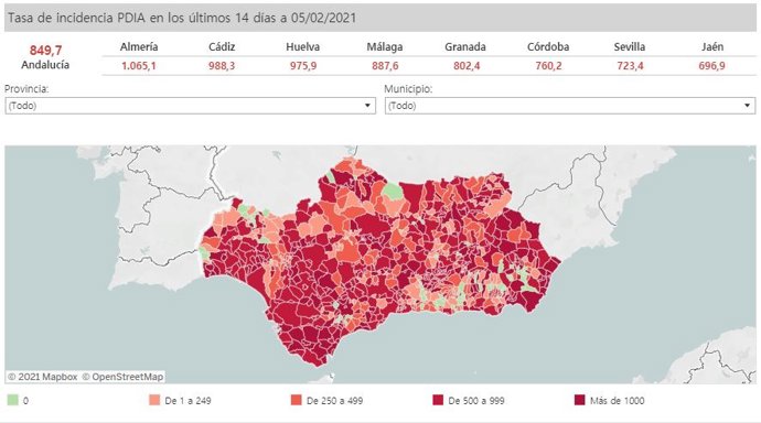 Mapa de incidencia del Covid-19 en Andalucía por municipios a 5 de febrero de 2020